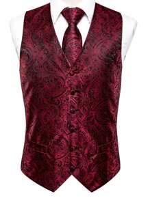 Men Plus Paisley Print Waistcoat Without Shirt - Burgundy - View 6