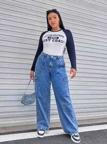 SHEIN EZwear Hơn Đồ họa Chữ cái Tay Raglan Áo thun - Màu be - Xem 6