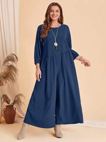 EMERY ROSE Plus Solid Wide Leg Jumpsuit - Navy Blue - View 3