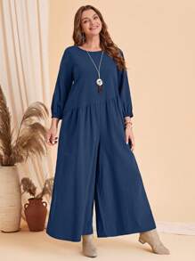 EMERY ROSE Plus Solid Wide Leg Jumpsuit - Navy Blue - View 4