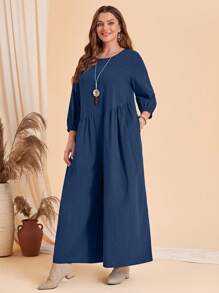 EMERY ROSE Plus Solid Wide Leg Jumpsuit - Navy Blue - View 6