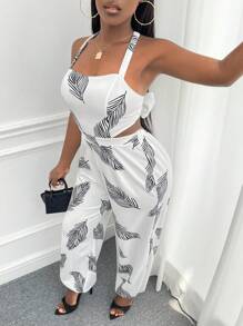 Slaydiva 樹葉印花後背繫帶吊帶連體褲 - 黑與白 - 查看 1