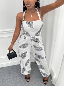 Slaydiva 樹葉印花後背繫帶吊帶連體褲 - 黑與白 - 查看 4