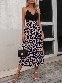 SHEIN LUNE Leopard Print Wrap Hem Cami Dress - Navy Blue - View 3