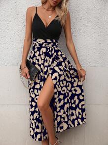 SHEIN LUNE Leopard Print Wrap Hem Cami Dress - Navy Blue - View 6