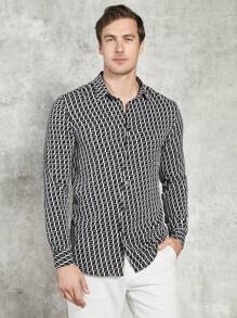 Manfinity VCAY 男士滿版印花襯衫 - 黑與白 - 查看 4