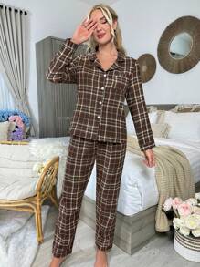 SHEIN In kẻ sọc Contrast Piping Bộ PJ - màu nâu - Xem 1