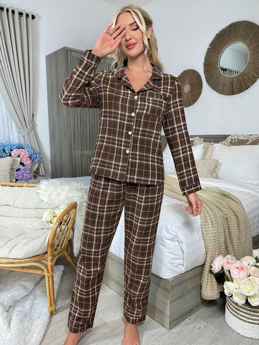 SHEIN In kẻ sọc Contrast Piping Bộ PJ - màu nâu - Xem 1