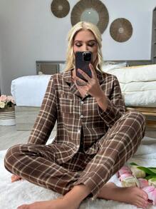 SHEIN In kẻ sọc Contrast Piping Bộ PJ - màu nâu - Xem 5