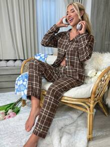 SHEIN In kẻ sọc Contrast Piping Bộ PJ - màu nâu - Xem 6