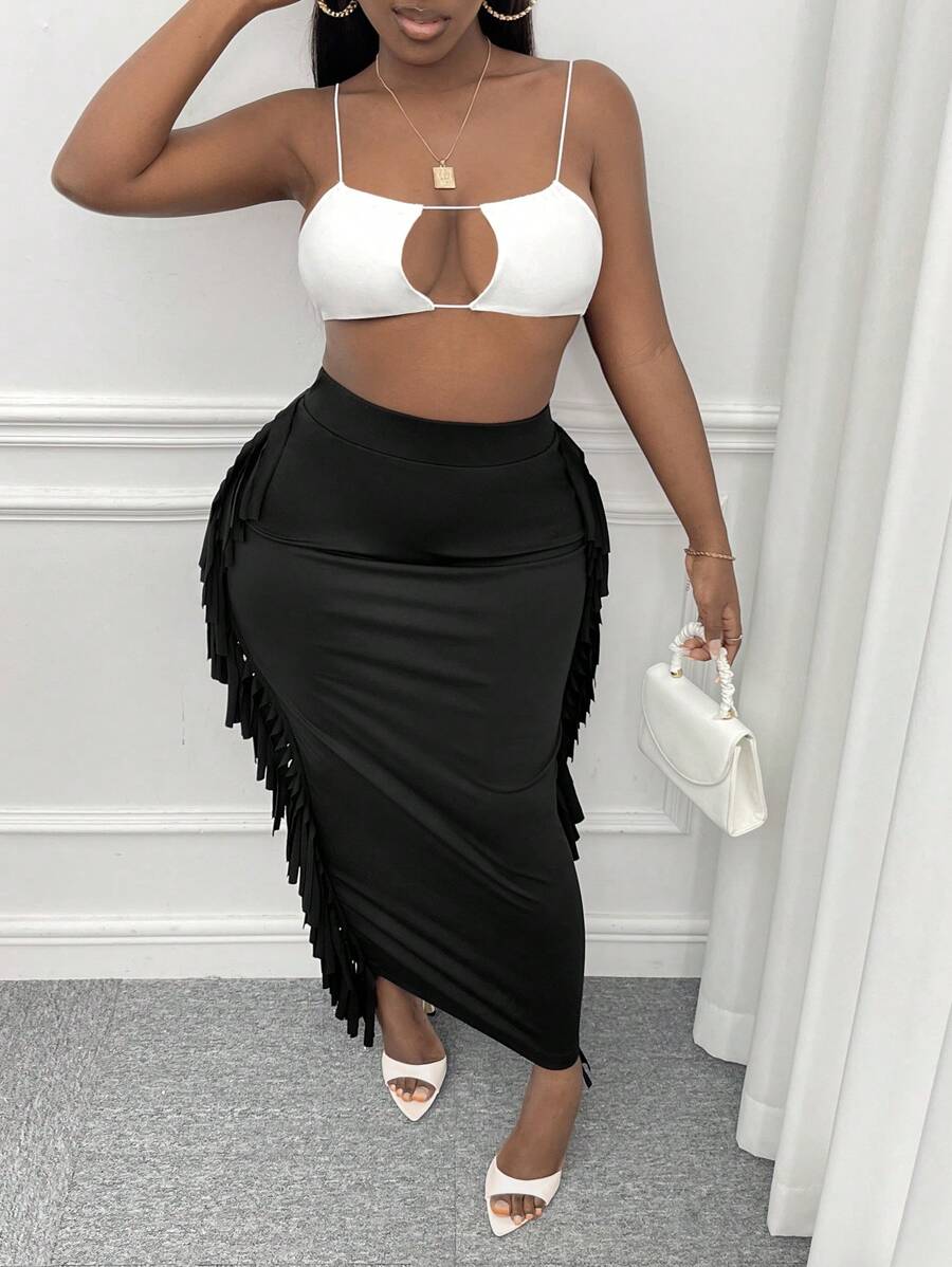 Slaydiva Fringe Trim Solid Skirt - Black - View 1