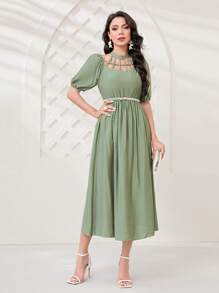 Modelyn 前鏤空泡泡袖連衣裙不附腰帶 - 綠色 - 查看 3