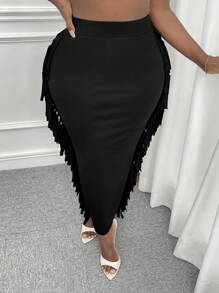 Slaydiva Fringe Trim Solid Skirt - Black - View 3