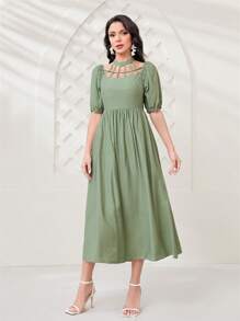 Modelyn 前鏤空泡泡袖連衣裙不附腰帶 - 綠色 - 查看 4