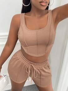 Slaydiva Chất rắn Crop Tank Top & Eo dây rút Quần short - Màu be - Xem 1