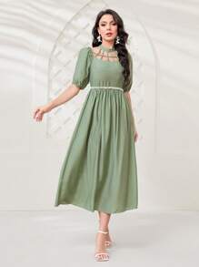 Modelyn 前鏤空泡泡袖連衣裙不附腰帶 - 綠色 - 查看 5