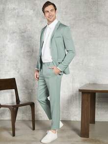 Manfinity NiteLyfe Men Solid Single Breasted Blazer & Trousers Suit Set Without Shirt - Green - View 5