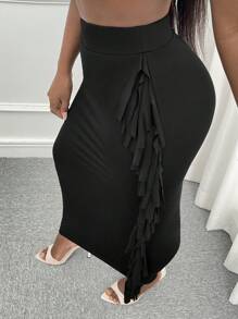 Slaydiva Fringe Trim Solid Skirt - Black - View 6