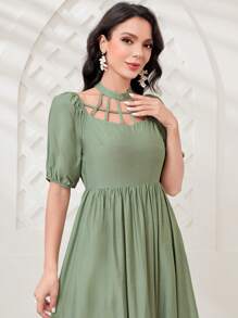 Modelyn 前鏤空泡泡袖連衣裙不附腰帶 - 綠色 - 查看 6