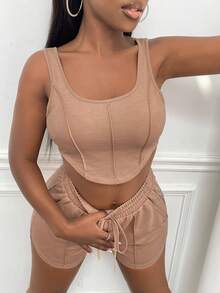 Slaydiva Chất rắn Crop Tank Top & Eo dây rút Quần short - Màu be - Xem 4