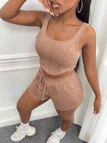 Slaydiva Chất rắn Crop Tank Top & Eo dây rút Quần short - Màu be - Xem 5