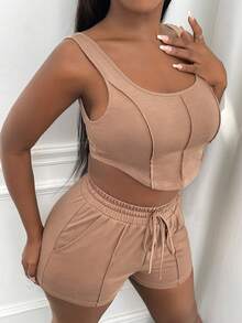 Slaydiva Chất rắn Crop Tank Top & Eo dây rút Quần short - Màu be - Xem 6