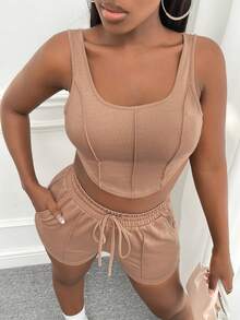 Slaydiva Chất rắn Crop Tank Top & Eo dây rút Quần short - Màu be - Xem 7
