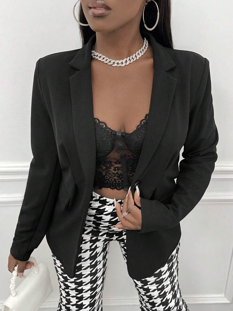 Slaydiva 素色西裝領開門襟西裝外套 - 黑色 - 查看 1