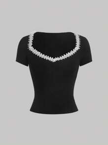 SHEIN MOD 對比蕾絲肋紋針織上衣 - 黑色 - 查看 7