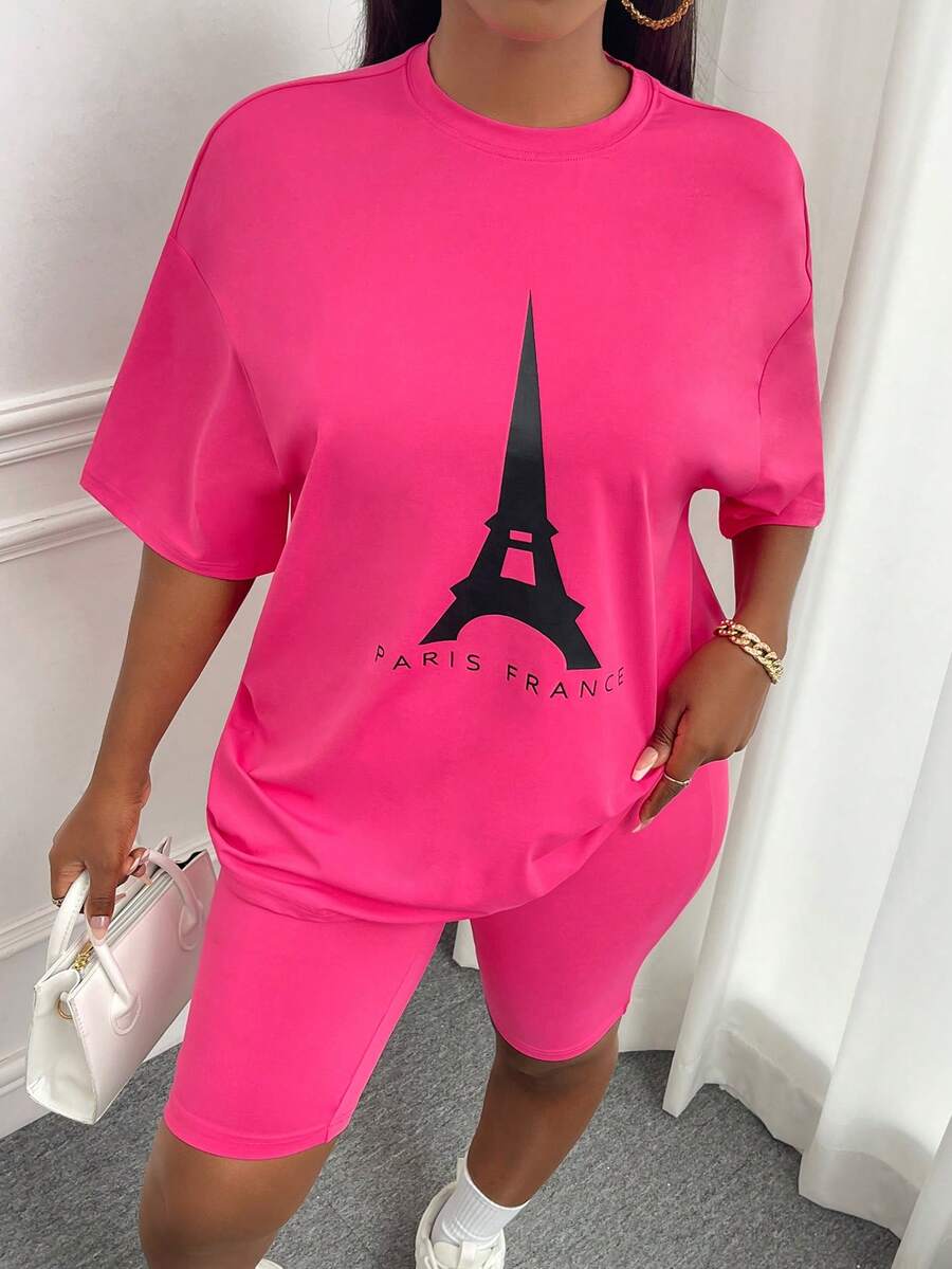Slaydiva 埃菲爾鐵塔和字母圖案落肩T恤&騎行褲 - 玫紅色 - 查看 1