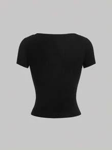 SHEIN MOD 對比蕾絲肋紋針織上衣 - 黑色 - 查看 2