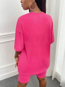 Slaydiva 埃菲爾鐵塔和字母圖案落肩T恤&騎行褲 - 玫紅色 - 查看 2