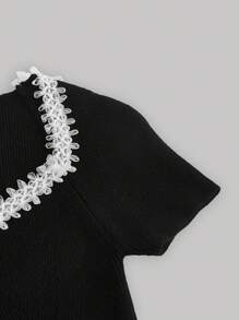 SHEIN MOD 對比蕾絲肋紋針織上衣 - 黑色 - 查看 8