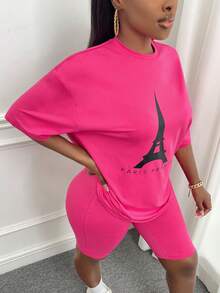 Slaydiva 埃菲爾鐵塔和字母圖案落肩T恤&騎行褲 - 玫紅色 - 查看 3