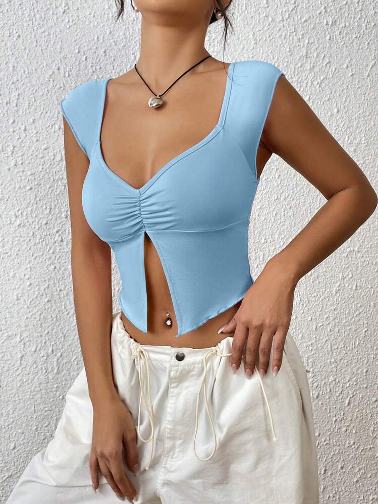 SHEIN EZwear מרופט מכפלת מפוצלת חולצות טי קצרות - כחול - ראה 3