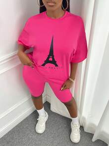 Slaydiva 埃菲爾鐵塔和字母圖案落肩T恤&騎行褲 - 玫紅色 - 查看 4