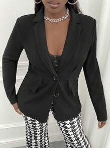 Slaydiva 素色西裝領開門襟西裝外套 - 黑色 - 查看 7