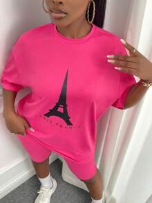 Slaydiva 埃菲爾鐵塔和字母圖案落肩T恤&騎行褲 - 玫紅色 - 查看 5