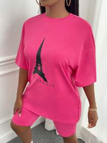 Slaydiva 埃菲爾鐵塔和字母圖案落肩T恤&騎行褲 - 玫紅色 - 查看 6