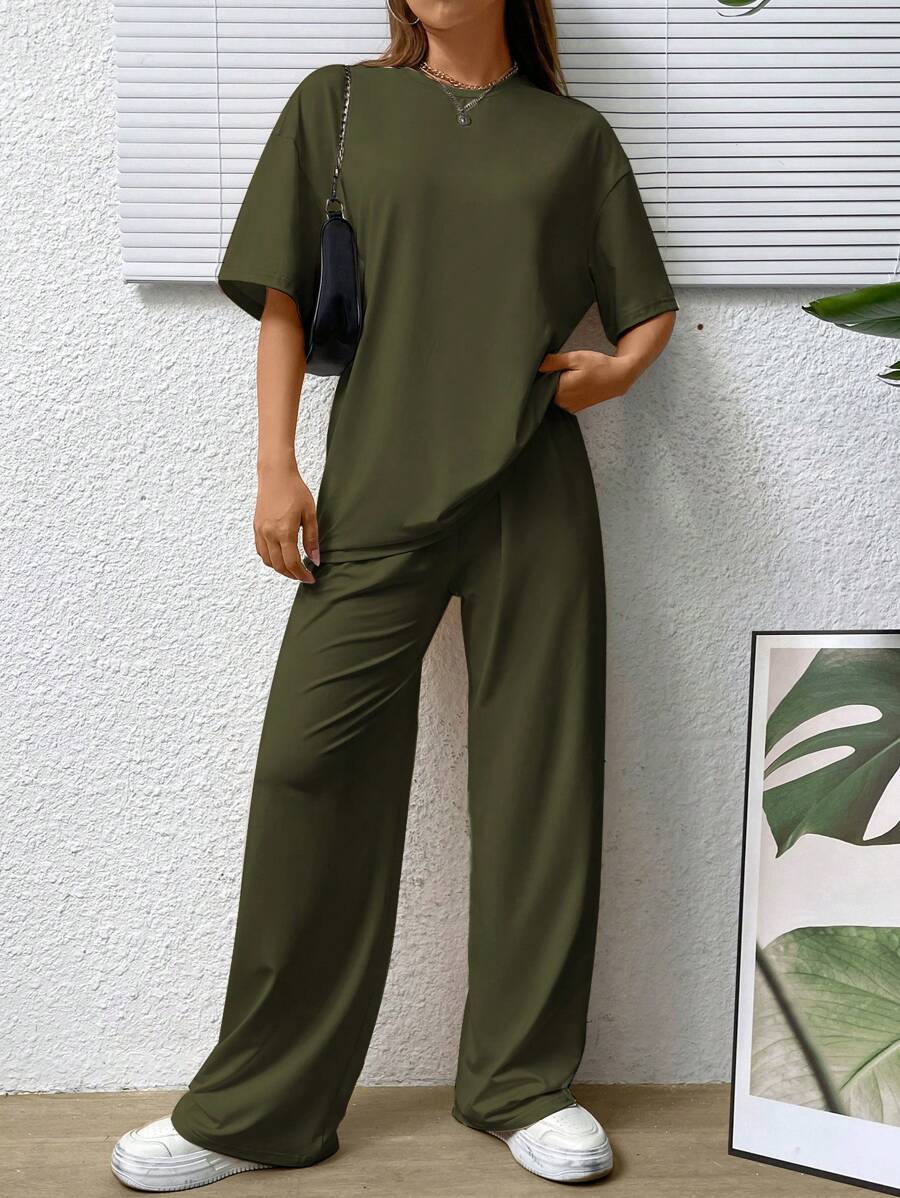 SHEIN EZwear 素色落肩T恤&闊腿褲 - 軍綠色 - 查看 1