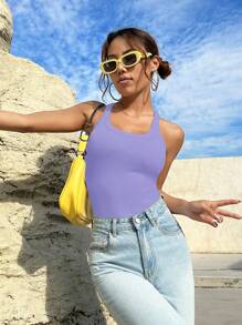 SHEIN EZwear Solid Ribbed Knit Tank Top - Mauve Purple - View 1