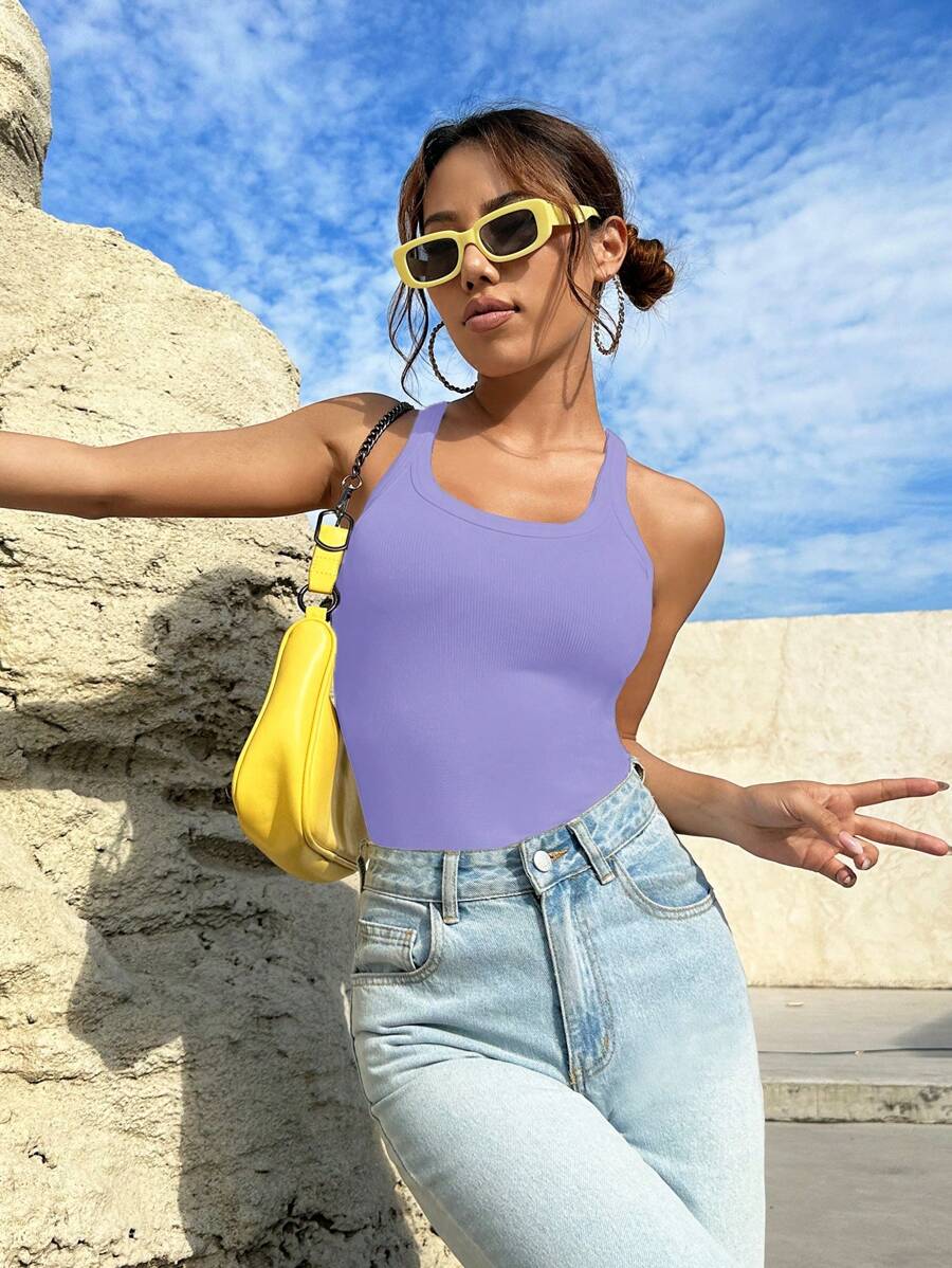 SHEIN EZwear Solid Ribbed Knit Tank Top - Mauve Purple - View 1