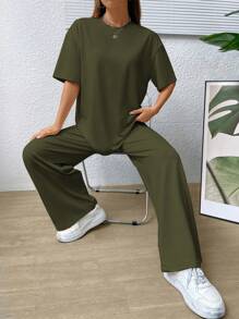 SHEIN EZwear 素色落肩T恤&闊腿褲 - 軍綠色 - 查看 4
