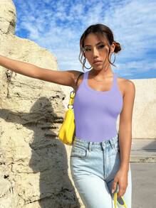 SHEIN EZwear Solid Ribbed Knit Tank Top - Mauve Purple - View 4