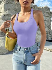 SHEIN EZwear Solid Ribbed Knit Tank Top - Mauve Purple - View 5