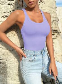 SHEIN EZwear Solid Ribbed Knit Tank Top - Mauve Purple - View 6