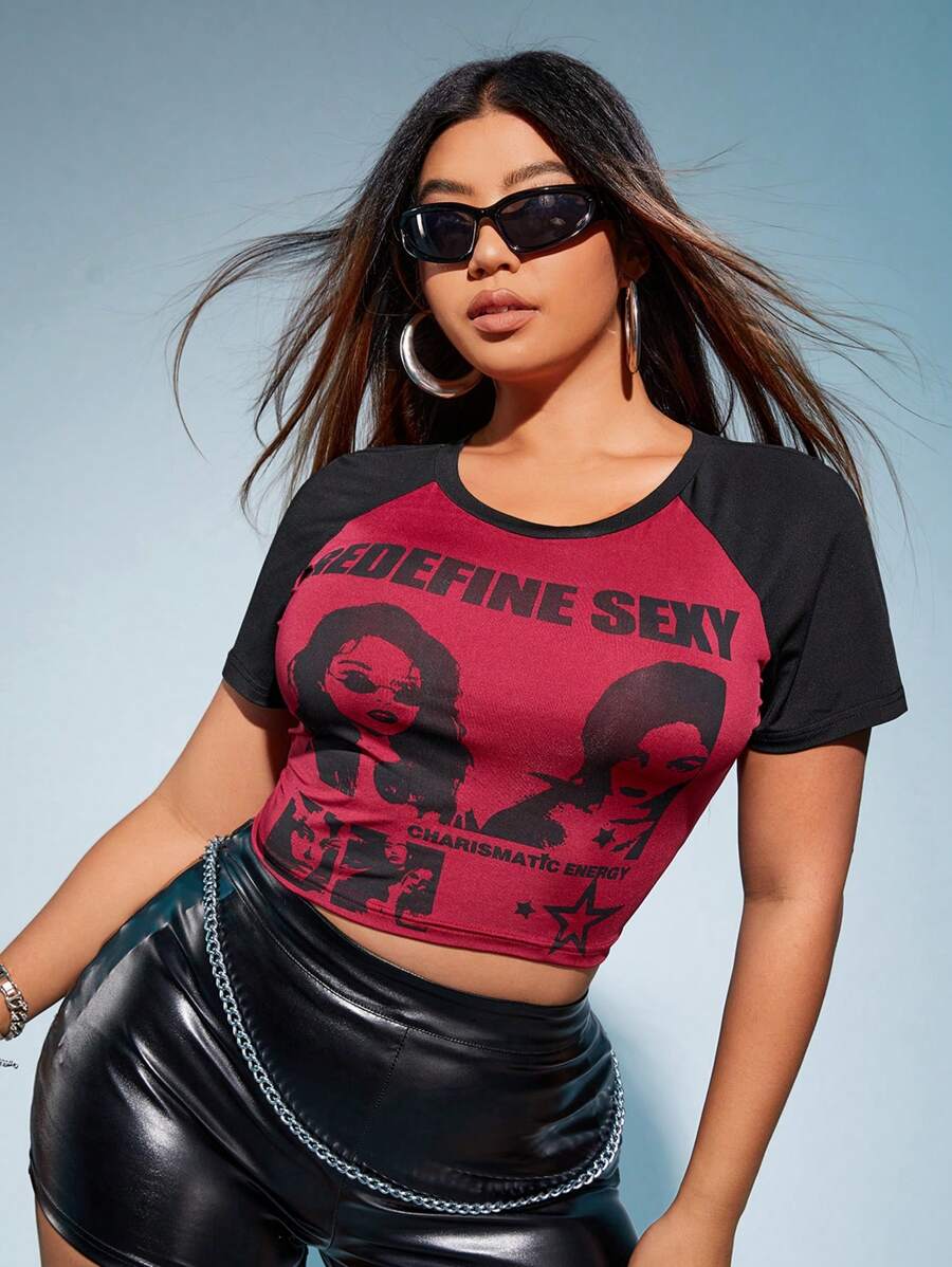 SHEIN ICON Hơn Đồ họa Hình & Chữ cái Tay Raglan Áo phông Crop - Màu Đỏ Sâu - Xem 1