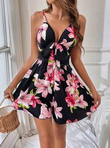 SHEIN VCAY 印花前打結吊帶連體短褲 - 彩色 - 查看 1