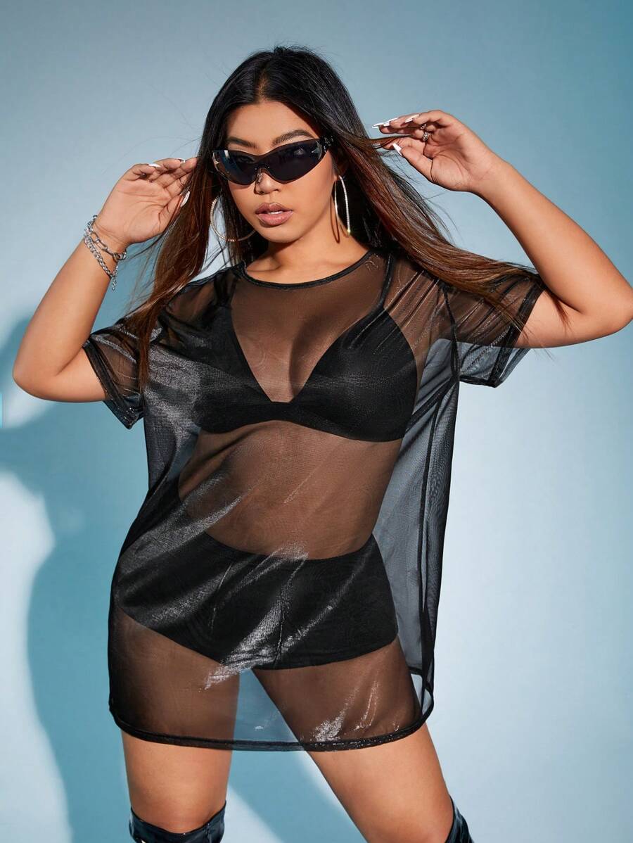 SHEIN ICON Plus Solid Sheer Mesh Dress Without Lingerie Set - Black - View 1