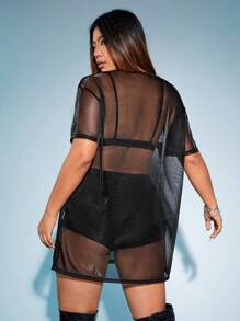 SHEIN ICON Plus Solid Sheer Mesh Dress Without Lingerie Set - Black - View 2